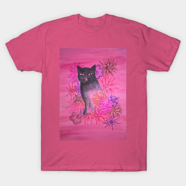 Black cat in the garden. T-Shirt by Maltez